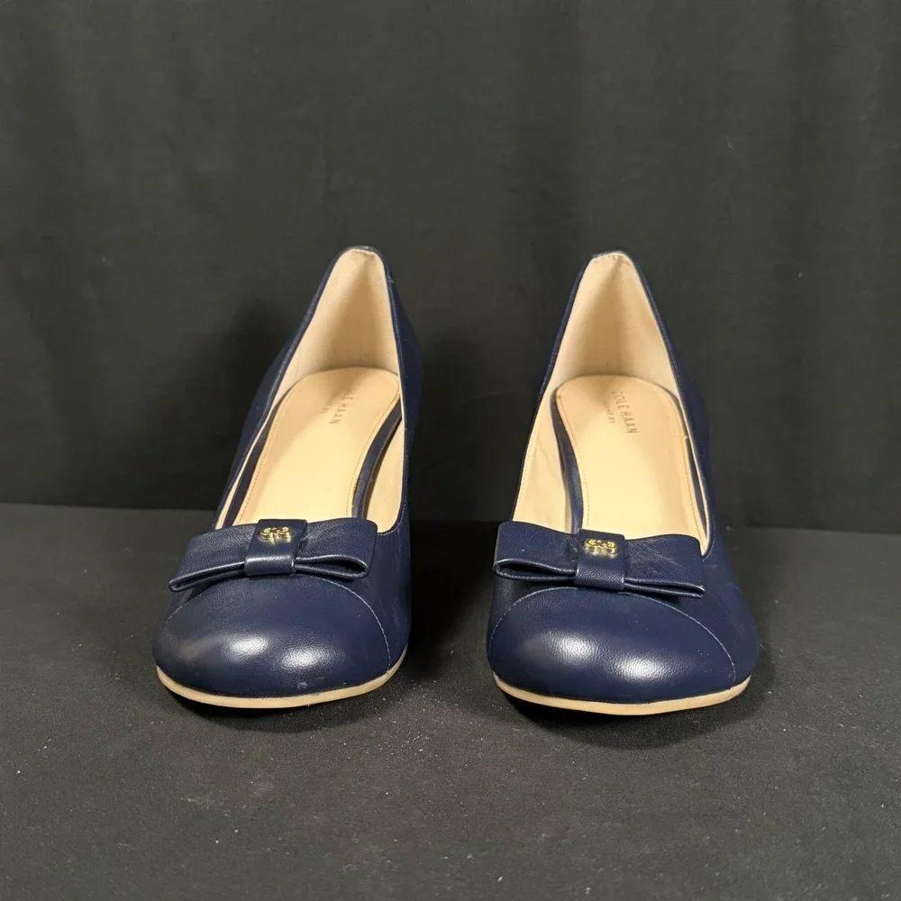 Cole Haan Adair Navy Blue Leather Bow Wedge Pumps Shoes Grand.OS W13162 Women 9B